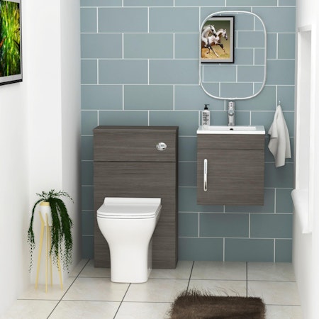 Cloakroom Suite 400mm Grey Elm 1 Door Wall Hung Vanity Unit with BTW Toilet Pack - Turin