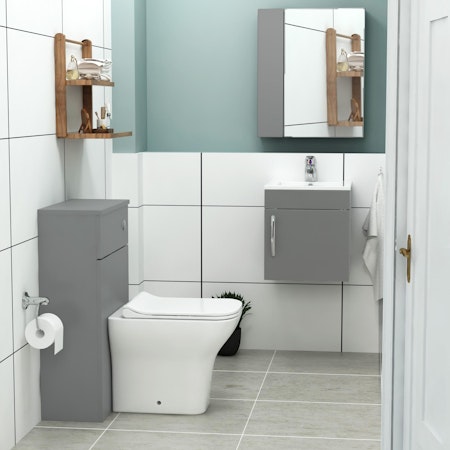 Cloakroom Suite 400mm Indigo Grey Gloss 1 Door Wall Hung Vanity Unit with BTW Toilet Pack - Turin