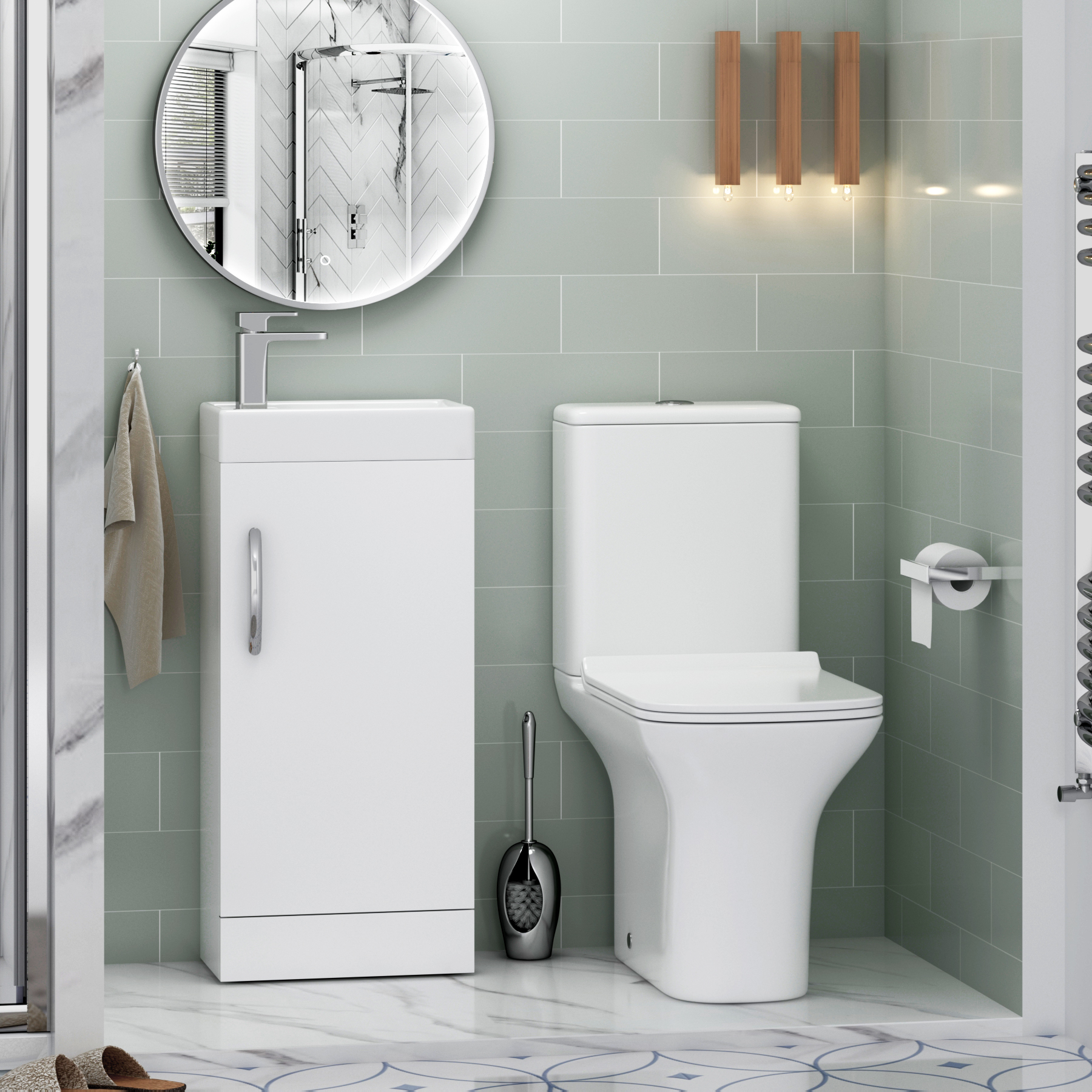 700mm Pivot Shower Door En-Suite with Cube Rimless Toilet & Como Freestanding Vanity Unit Cabinet