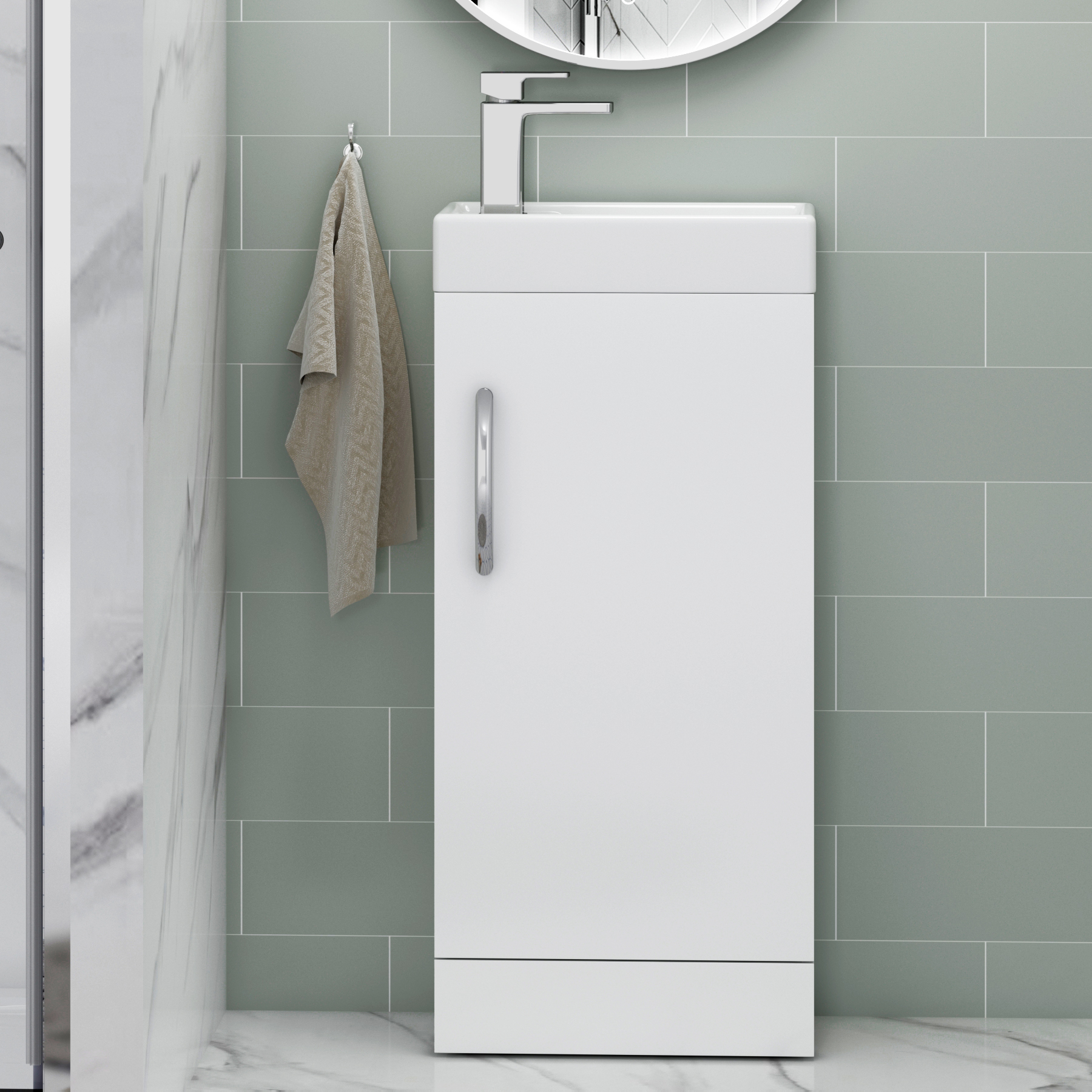 700mm Pivot Shower Door En-Suite with Cube Rimless Toilet & Como Freestanding Vanity Unit Cabinet