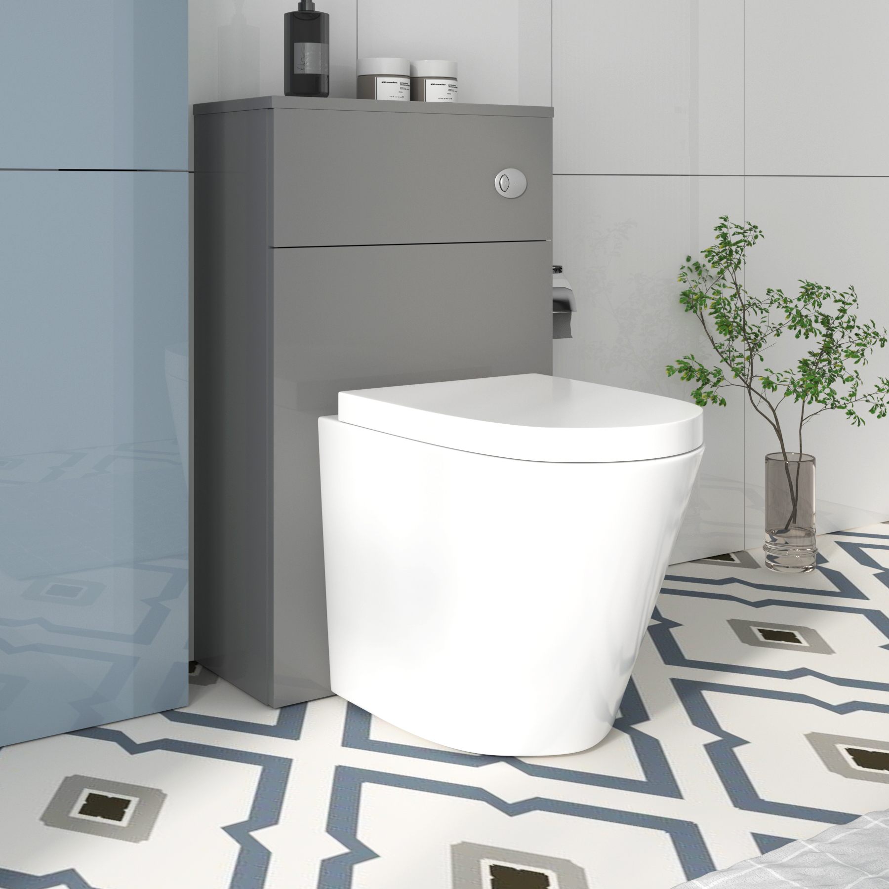  900 x 760mm Offset Quadrant Shower Enclosure En-Suite Cesar BTW Toilet & 500mm 2-Drawers Indigo Grey Gloss Vanity Unit