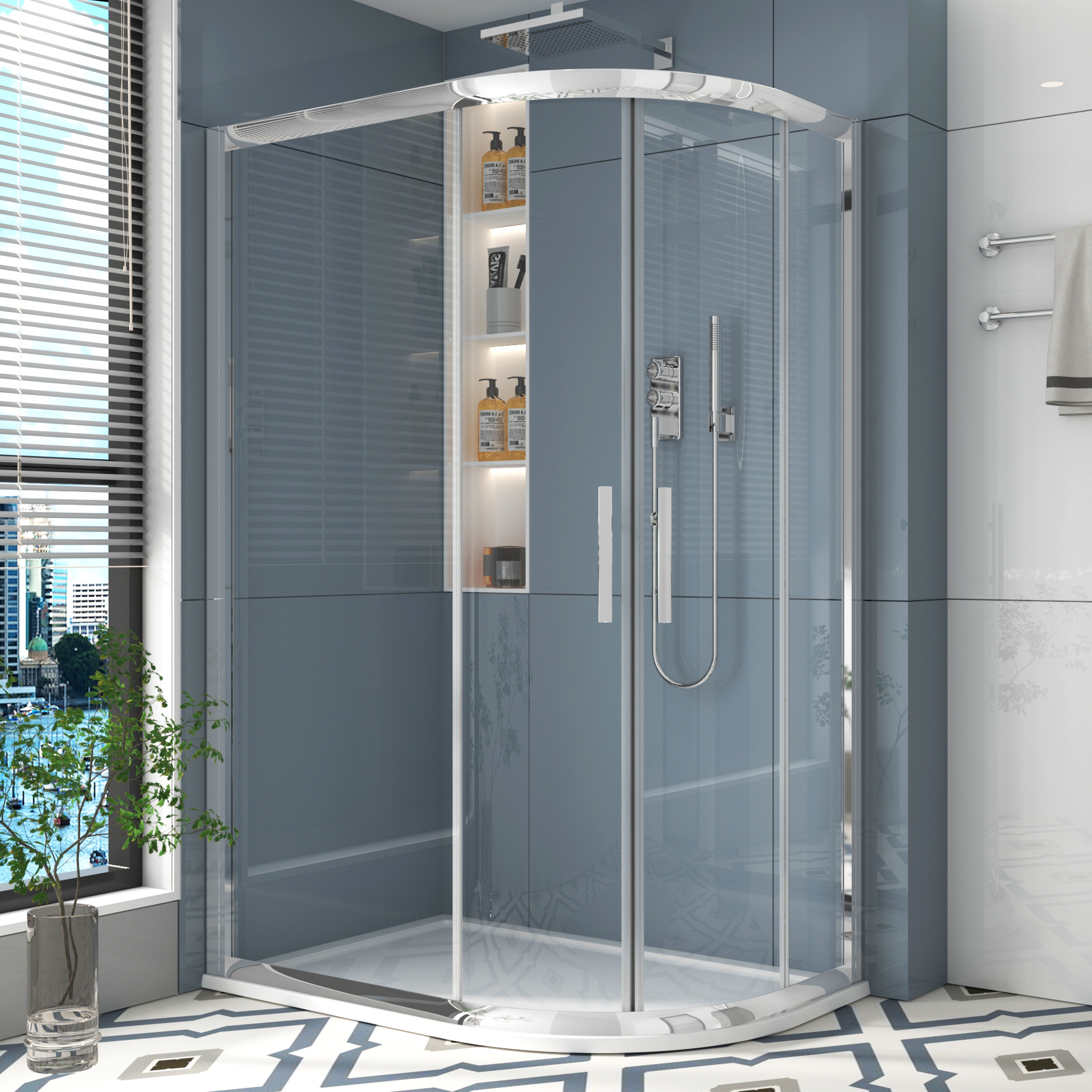  900 x 760mm Offset Quadrant Shower Enclosure En-Suite Cesar BTW Toilet & 500mm 2-Drawers Indigo Grey Gloss Vanity Unit