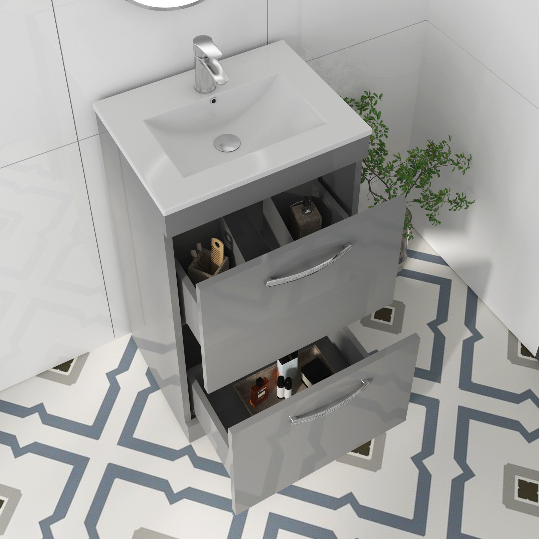  900 x 760mm Offset Quadrant Shower Enclosure En-Suite Cesar BTW Toilet & 500mm 2-Drawers Indigo Grey Gloss Vanity Unit