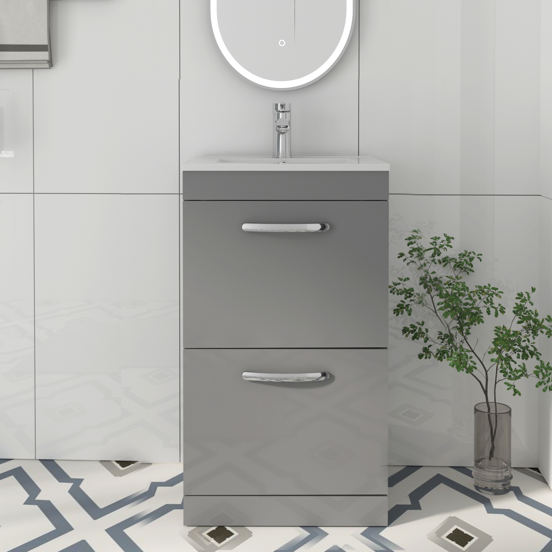  900 x 760mm Offset Quadrant Shower Enclosure En-Suite Cesar BTW Toilet & 500mm 2-Drawers Indigo Grey Gloss Vanity Unit