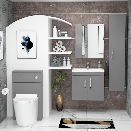 Bathroom Suite 500mm 2 Door Vanity Unit Wall Hung Indigo Grey Gloss and Back to Wall BTW WC Unit with Cesar Pan - Slim