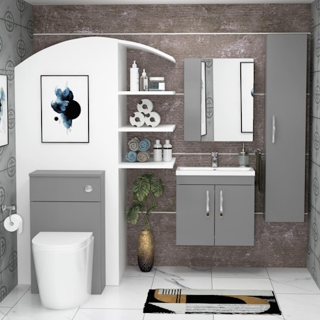 Bathroom Suite 500mm 2 Door Vanity Unit Wall Hung Indigo Grey Gloss and Back to Wall BTW WC Unit with Cesar Pan