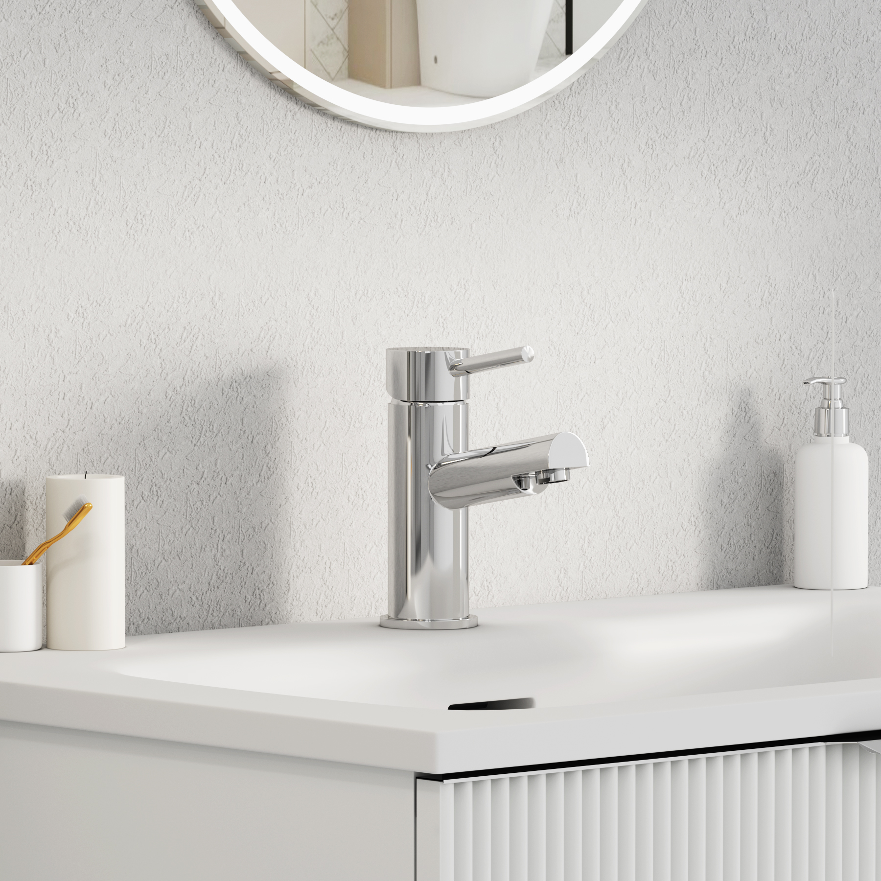 Modern Bathroom Round Mono Minimalist Basin Mixer Tap - Chrome