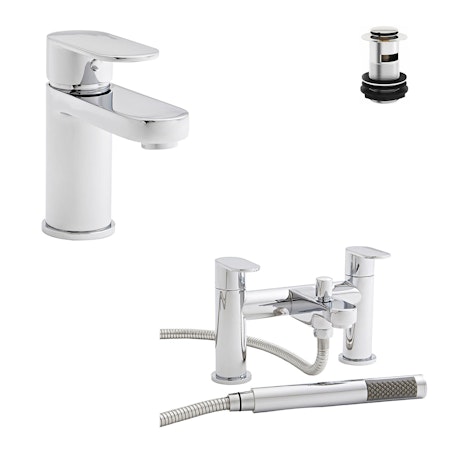 Kartell Logik Mono Basin Tap And Bath Shower Mixer Tap Solid Brass Bathroom Set + Free Waste  - Chrome Finish