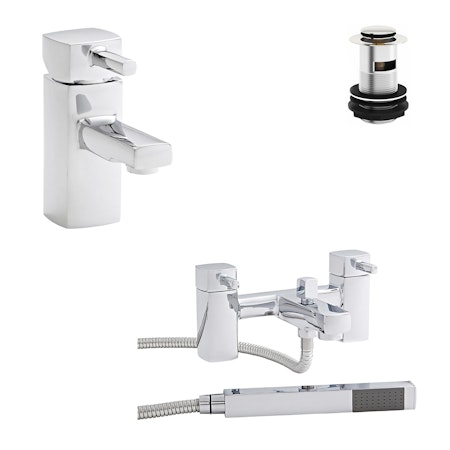 Kartell Mode Bath Shower Mixer And Mono Basin Mixer Tap Bathroom Set with Free Waste Solid Brass - Chrome Finish