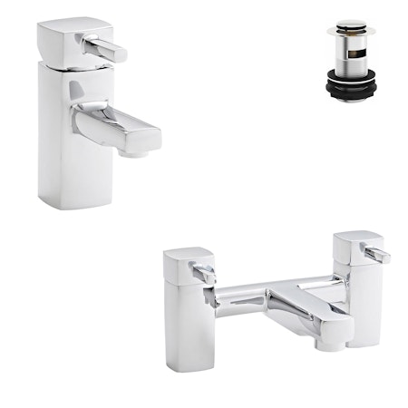 Kartell Mode Bath Filler And Mono Basin Mixer Tap Bathroom Set with Free Waste Solid - Chrome Finish