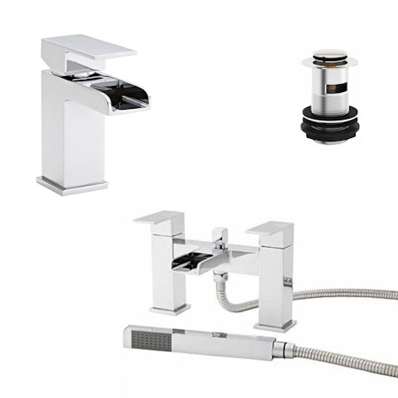 Kartell Phase Bath Shower Mixer and Mono Basin Mixer Tap + Free Waste Solid Brass Bathroom Set - Chrome Finish