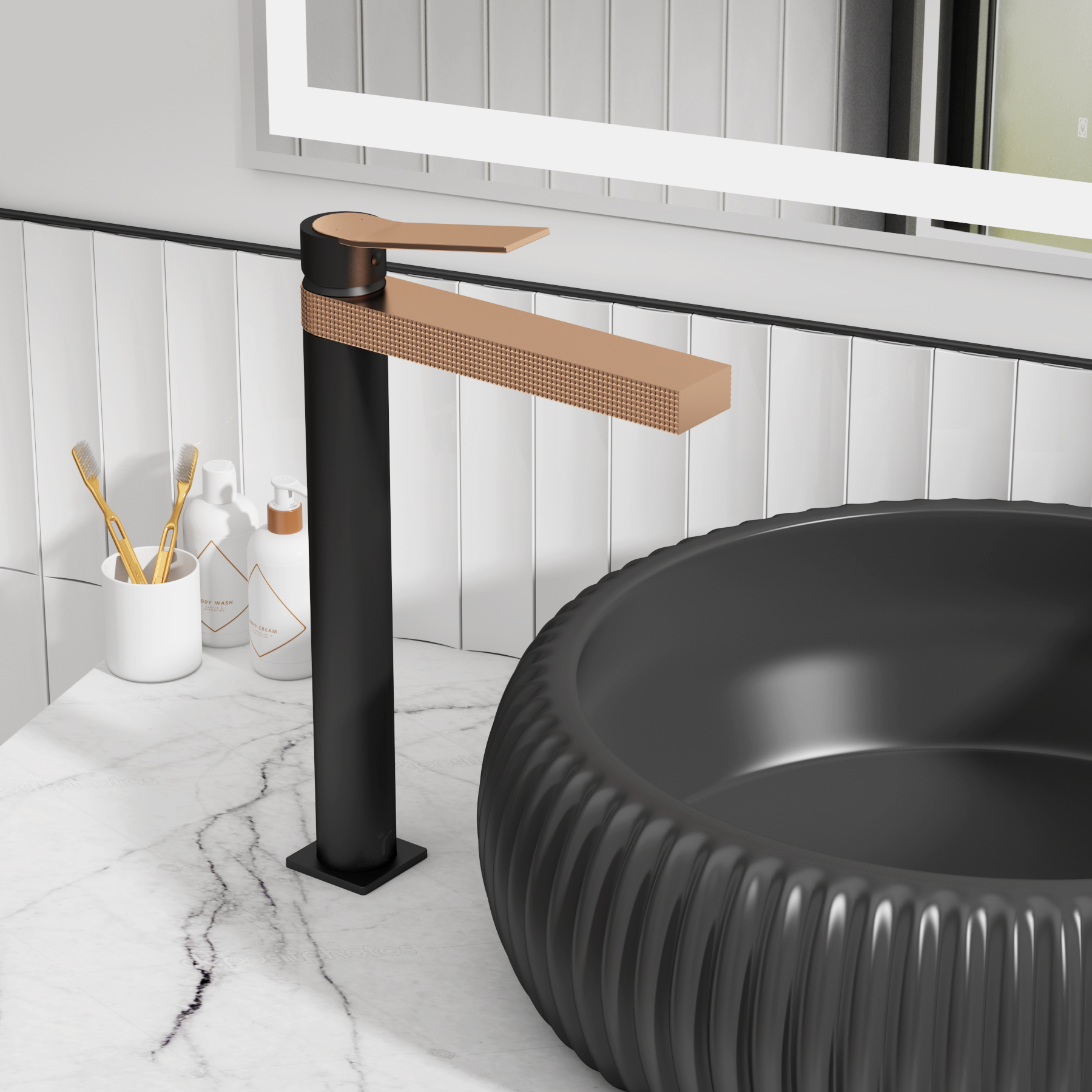 Aura High Rise Mono Basin Mixer Tap with Elegant Design - Black & Rose Gold