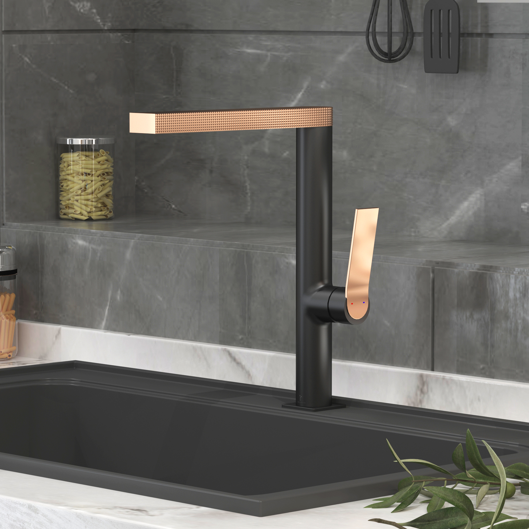 Aura Modern High Rise Mono Basin Mixer Tap with Elegant Design - Black & Rose Gold