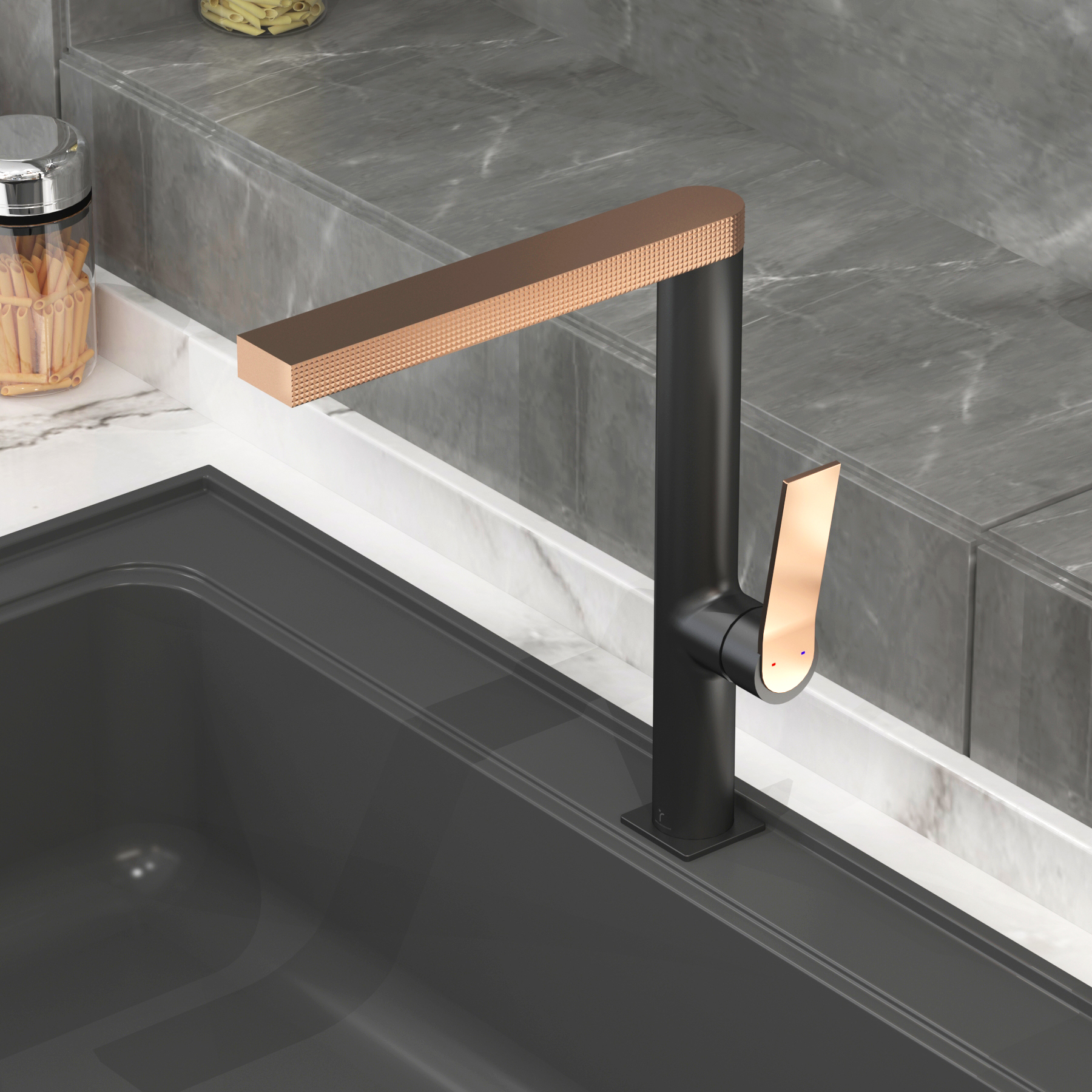 Aura Modern High Rise Mono Basin Mixer Tap with Elegant Design - Black & Rose Gold