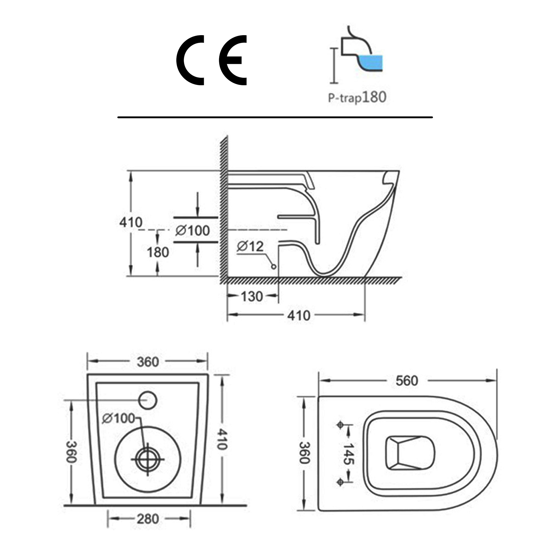 Evora 500mm Midnight Blue Fluted BTW WC Unit with Elva Rimless Toilet Pan & Seat, Cistern