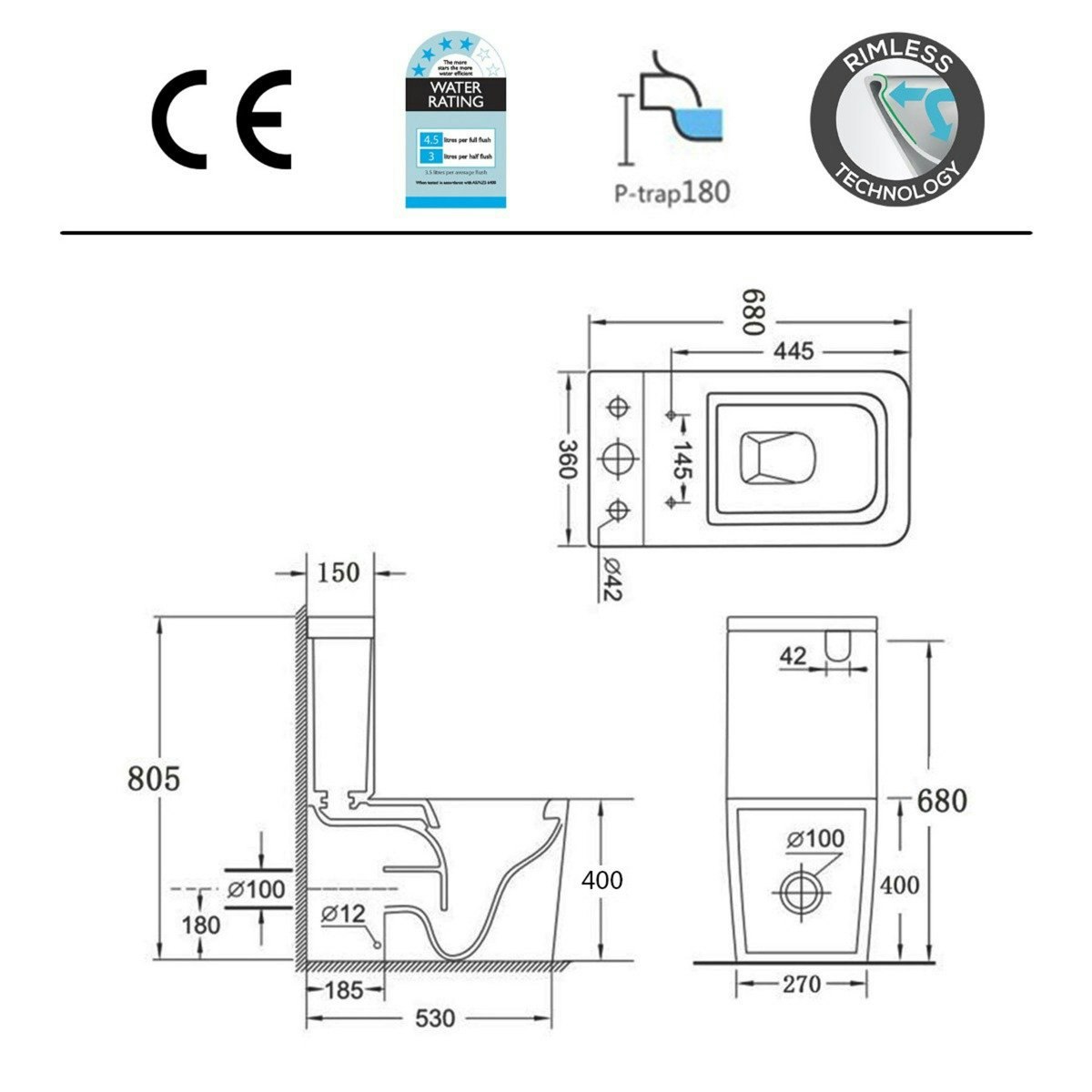 Square Close Coupled Rimless Toilet with Seat + Cistern Elena Royal
