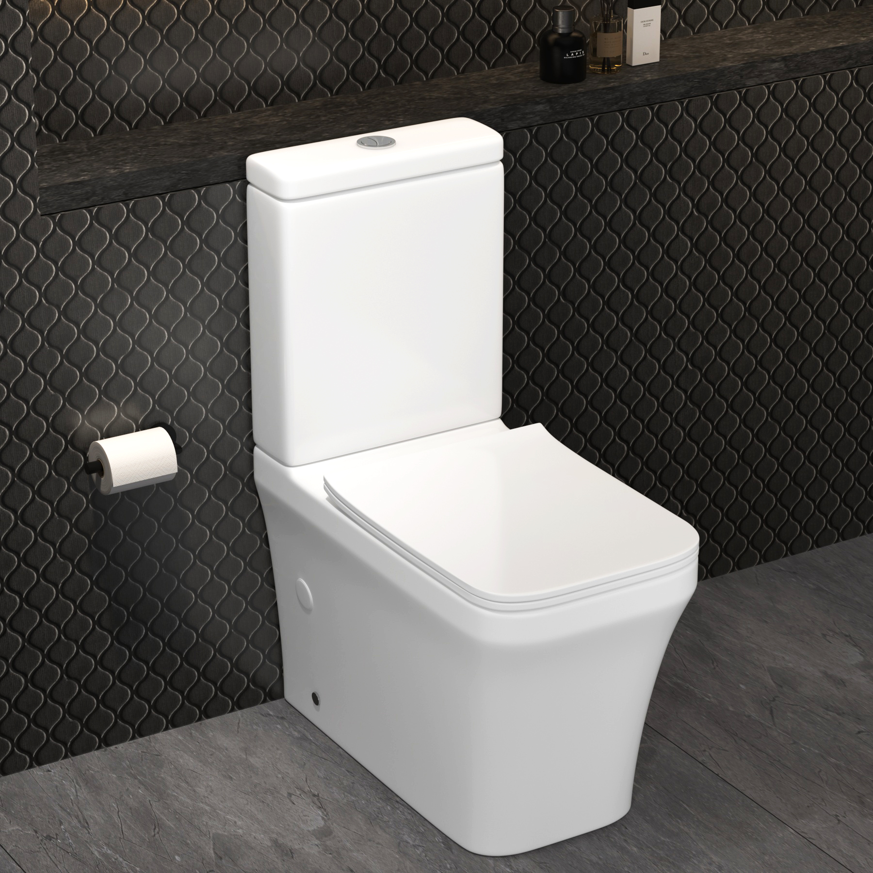 Avenza Close Coupled Rimless Toilet Whirlwind Flush Pan and Slim Soft Close Seat with Cistern