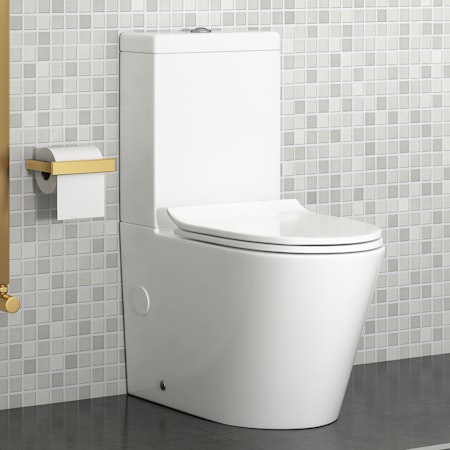 Cesar Short Projection Close Coupled Rimless Toilet and Slim Soft Close Seat with Cistern