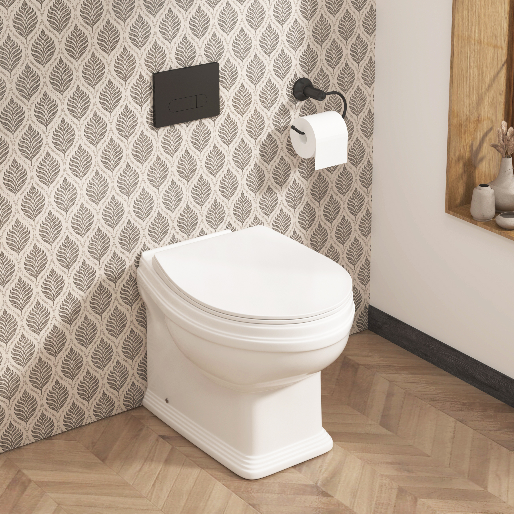 Elmore Short Projection Traditional Back To Wall Rimless Toilet Round Pan with Slim Soft Close Seat