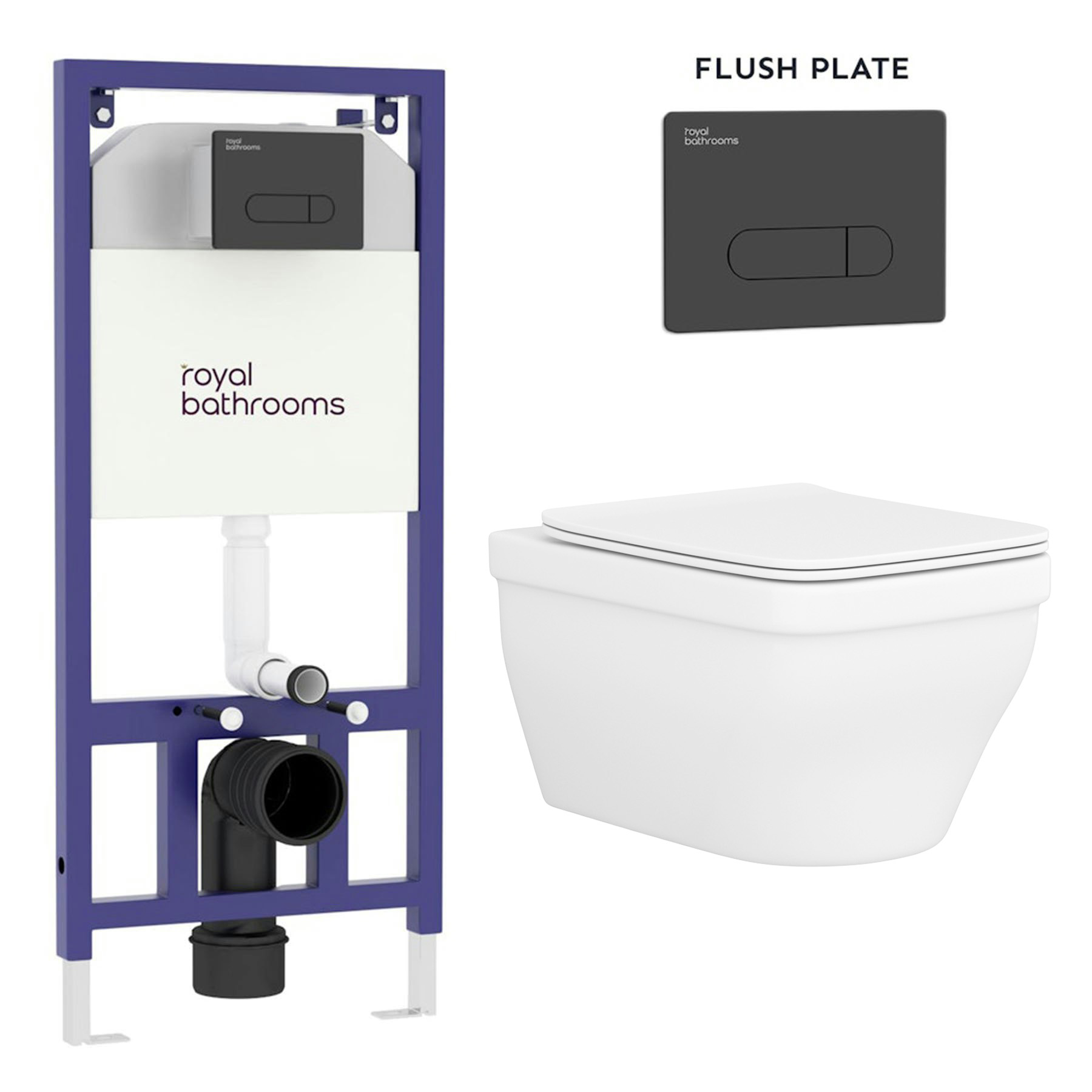 Evora Wall Hung Rimless Toilet with Slim Soft Close Seat & Aqua Black Plate Wall Hung Frame
