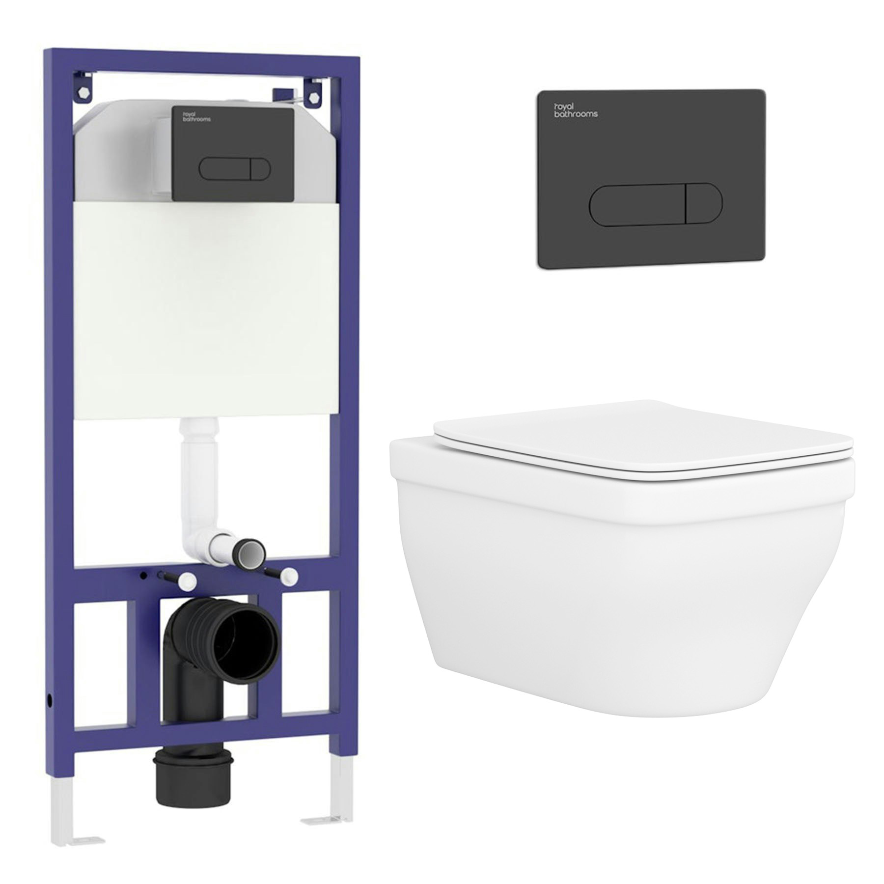 Evora Wall Hung Rimless Toilet with Slim Soft Close Seat & Aqua Black Plate Wall Hung Frame