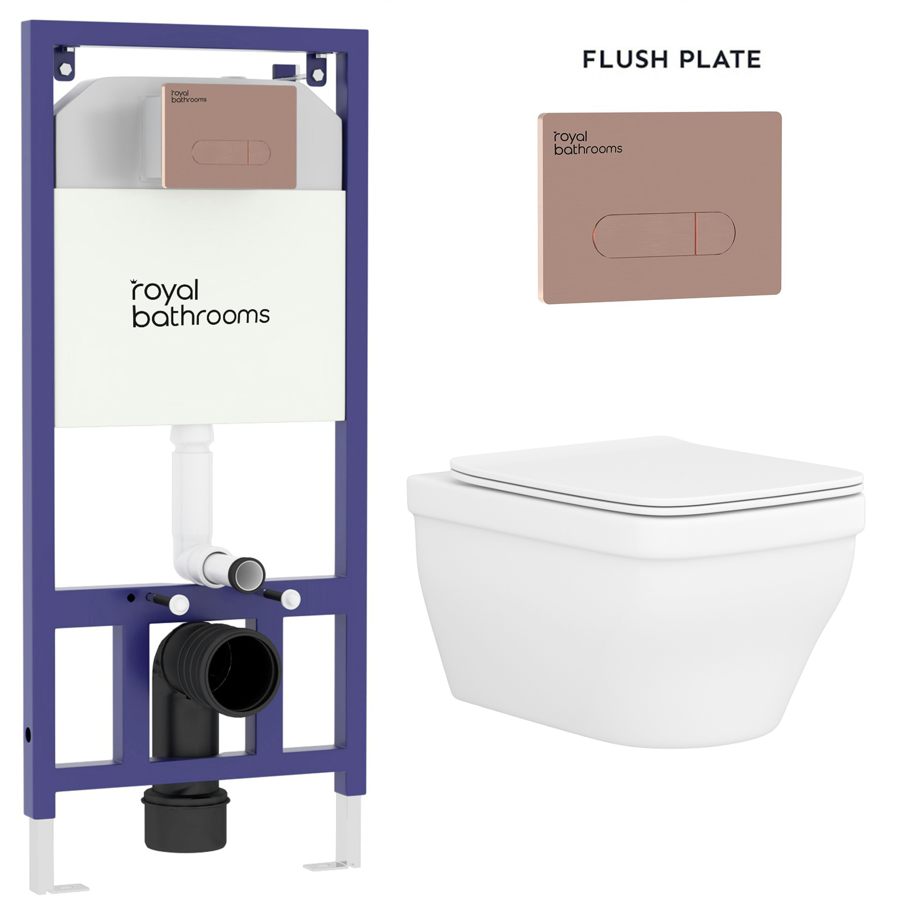 Evora Wall Hung Rimless Toilet with Slim Soft Close Seat & Aqua Brushed Bronze Plate Wall Hung Frame