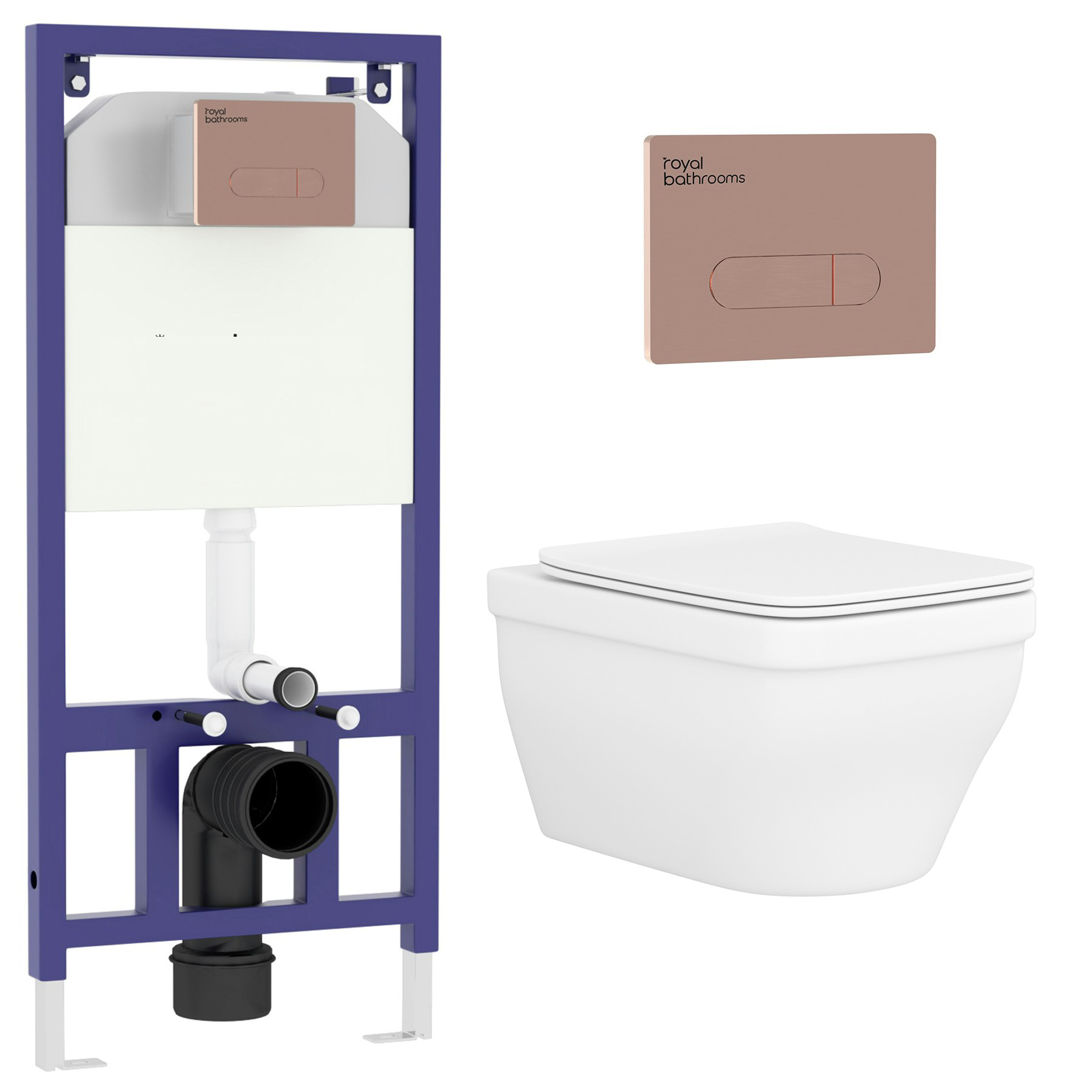 Evora Wall Hung Rimless Toilet with Slim Soft Close Seat & Aqua Brushed Bronze Plate Wall Hung Frame