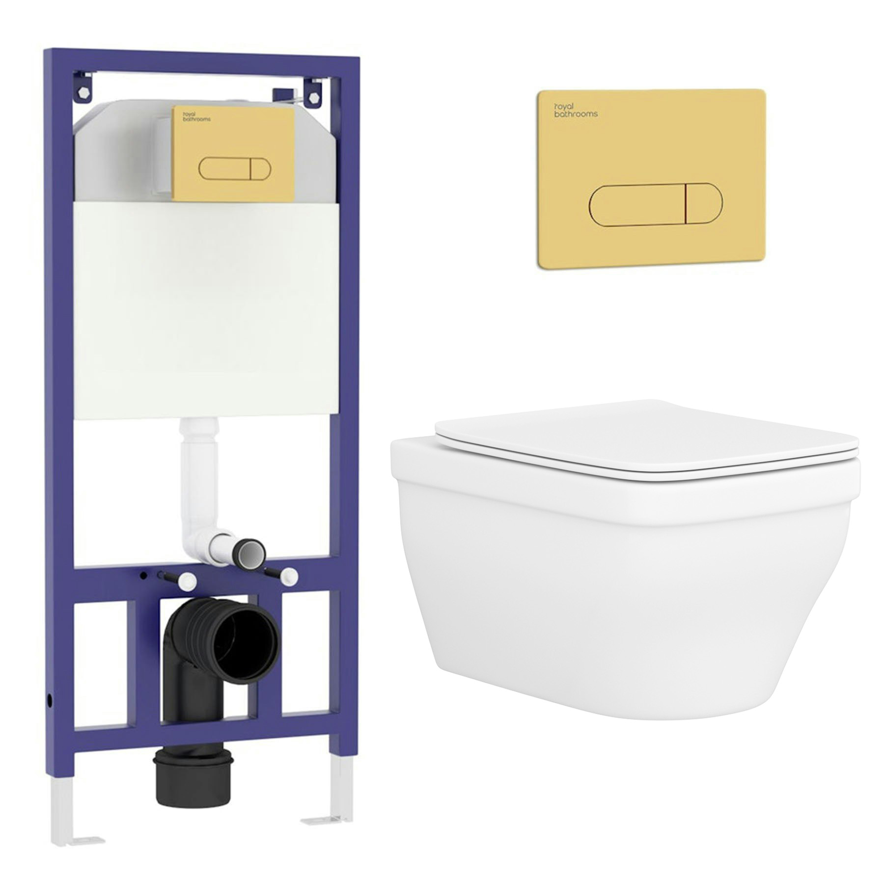 Evora Wall Hung Rimless Toilet with Slim Soft Close Seat & Aqua Brushed Brass Plate Wall Hung Frame