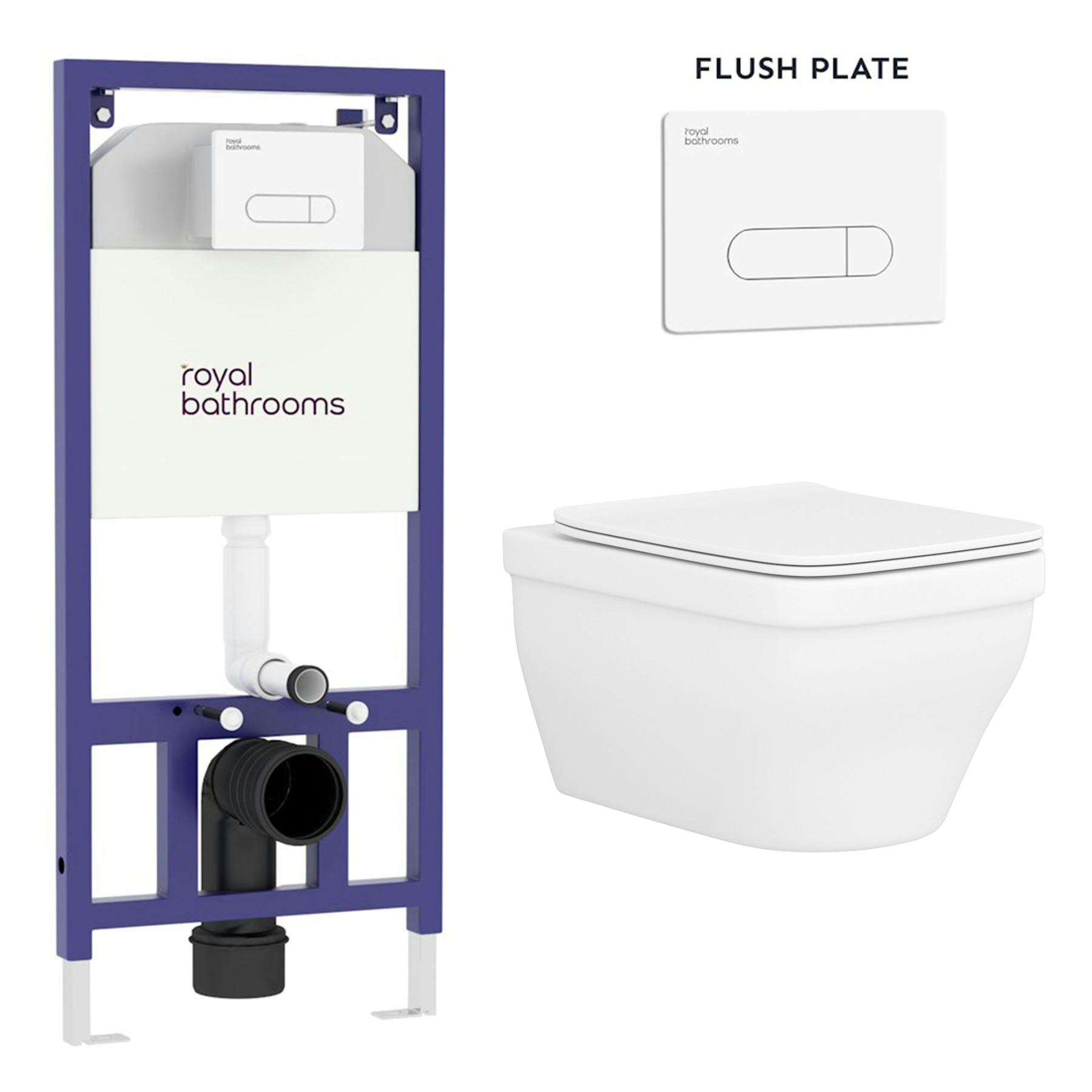 Evora Wall Hung Rimless Toilet with Slim Soft Close Seat & Aqua White Plate Wall Hung Frame