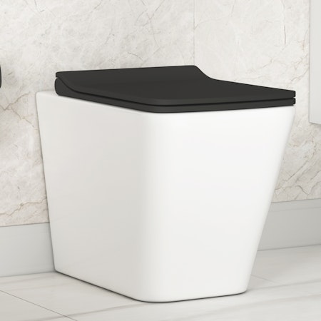 Elena Back to Wall Toilet Pan Rimless and Slim Soft Close Black Seat with Concealed Cistern