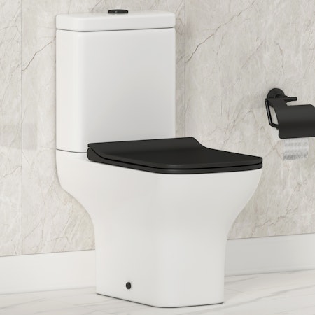 Square Rimless Close Coupled Toilet with Slim Soft Close Matt Black Seat & Cistern - Qubix