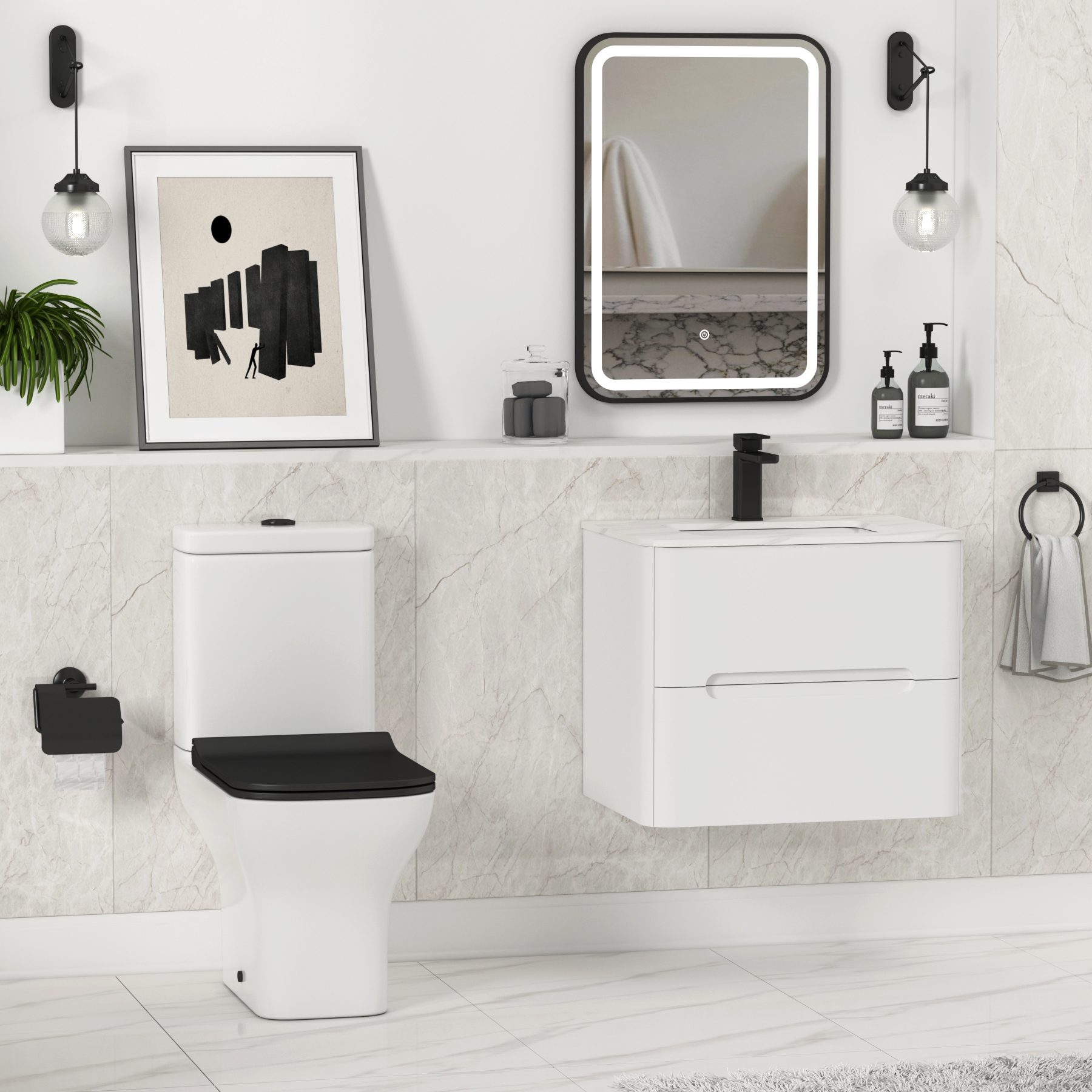 Square Rimless Close Coupled Toilet with Slim Soft Close Matt Black ...