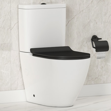 Abacus Close Coupled Rimless Toilet and Slim Soft Close Matt Black Seat with Cistern