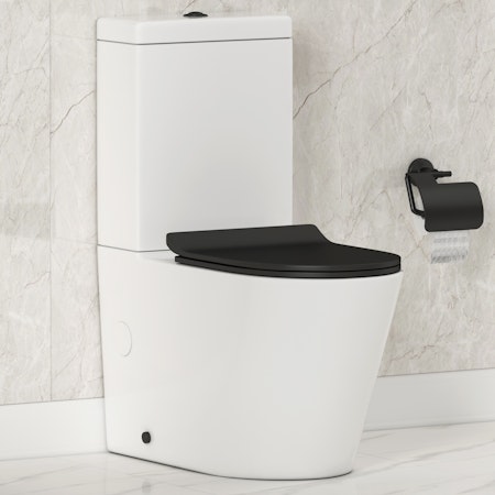 Cesar Short Projection Close Coupled Rimless Toilet and Slim Soft Close Matt Black Seat with Cistern