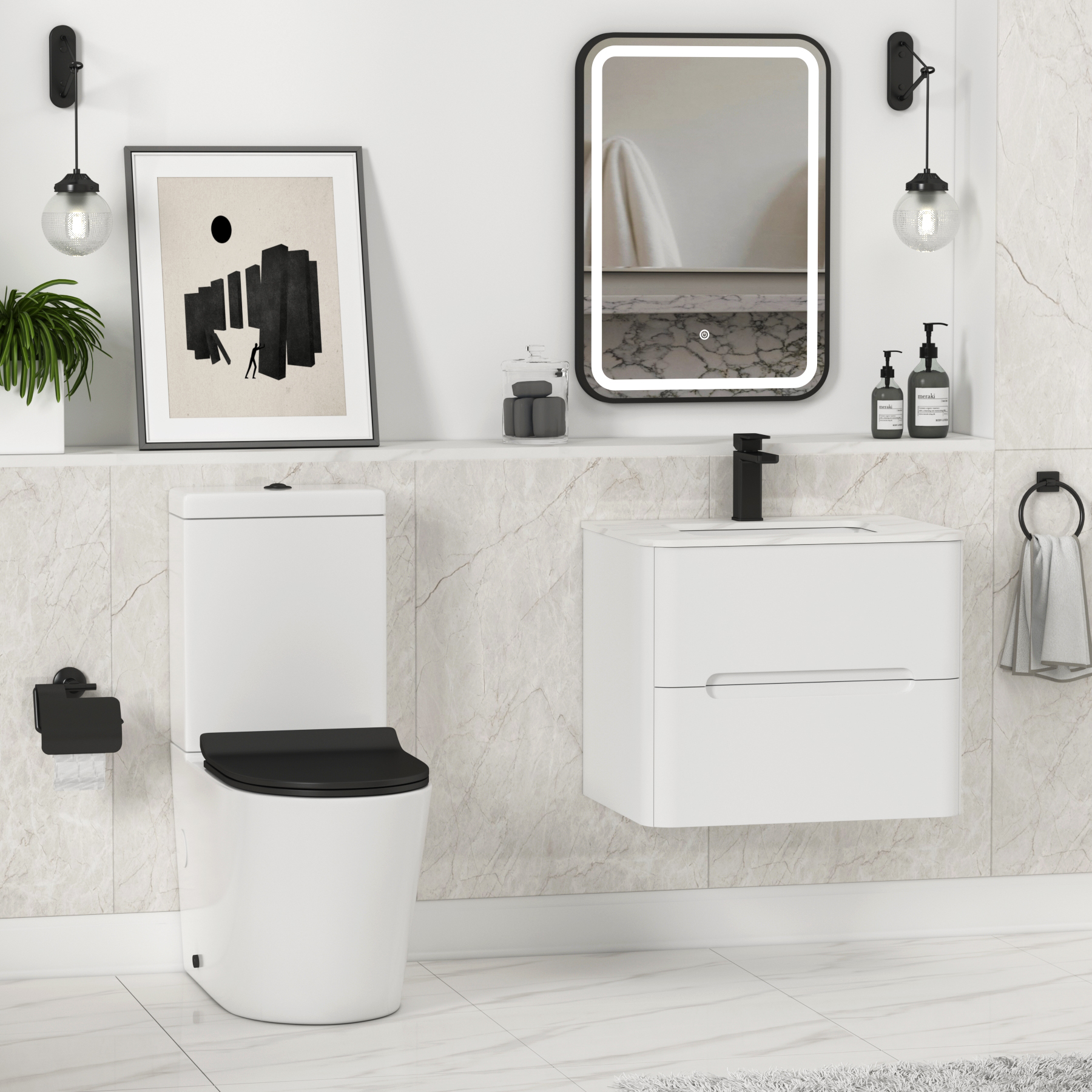 Cesar Short Projection Close Coupled Rimless Toilet and Slim Soft Close Matt Black Seat with Cistern