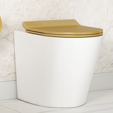 Cesar Rimless Back to Wall Toilet Pan with Slim Soft Close Brushed Brass Seat with Concealed Cistern