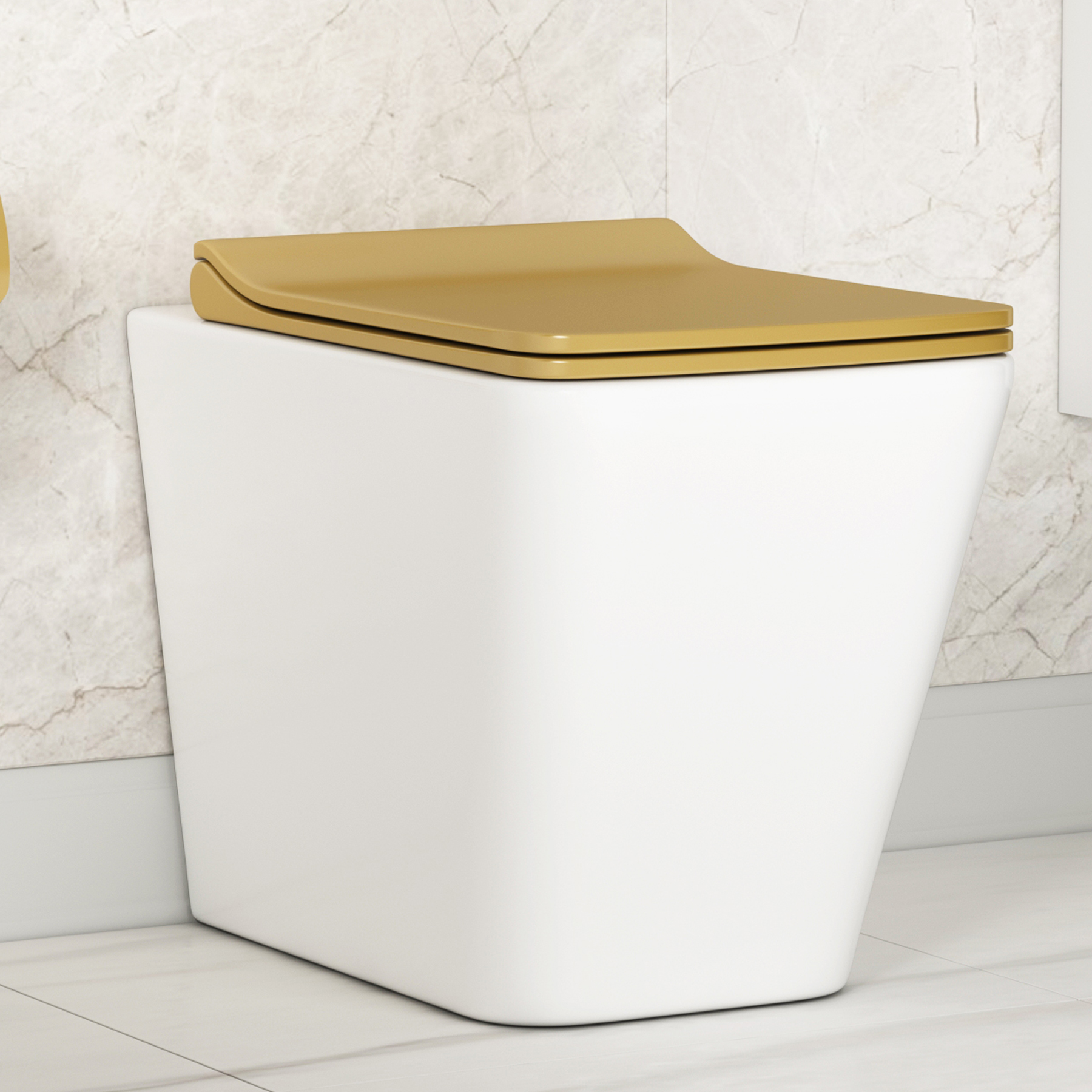 Elena Rimless Back to Wall Toilet Pan with Slim Soft Close Brushed Brass Seat