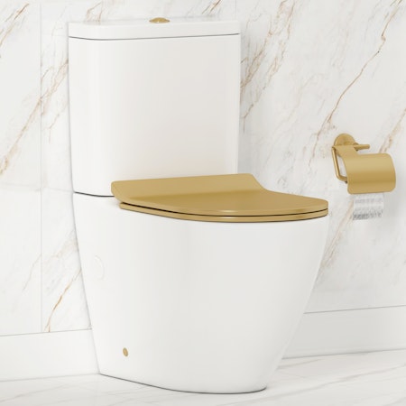 Abacus Close Coupled Rimless Toilet and Slim Soft Close Brushed Brass Seat with Cistern