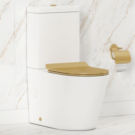 Cesar Short Projection Close Coupled Rimless Toilet and Slim Soft Close Brushed Brass Seat with Cistern