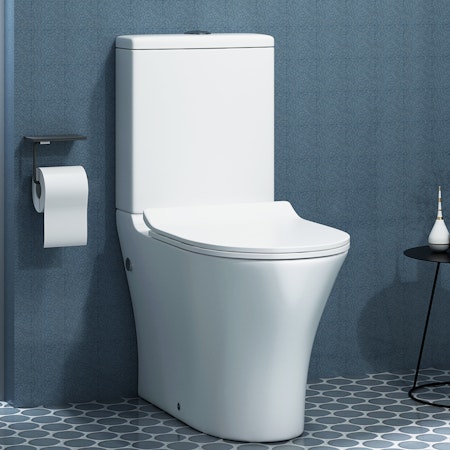 Round Rimless Close Coupled Toilet and Soft close Seat, Cistern + Fixing Kit - Peak