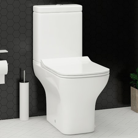 Square Rimless Close Coupled Toilet with Slim Soft Close Seat & Cistern - Qubix