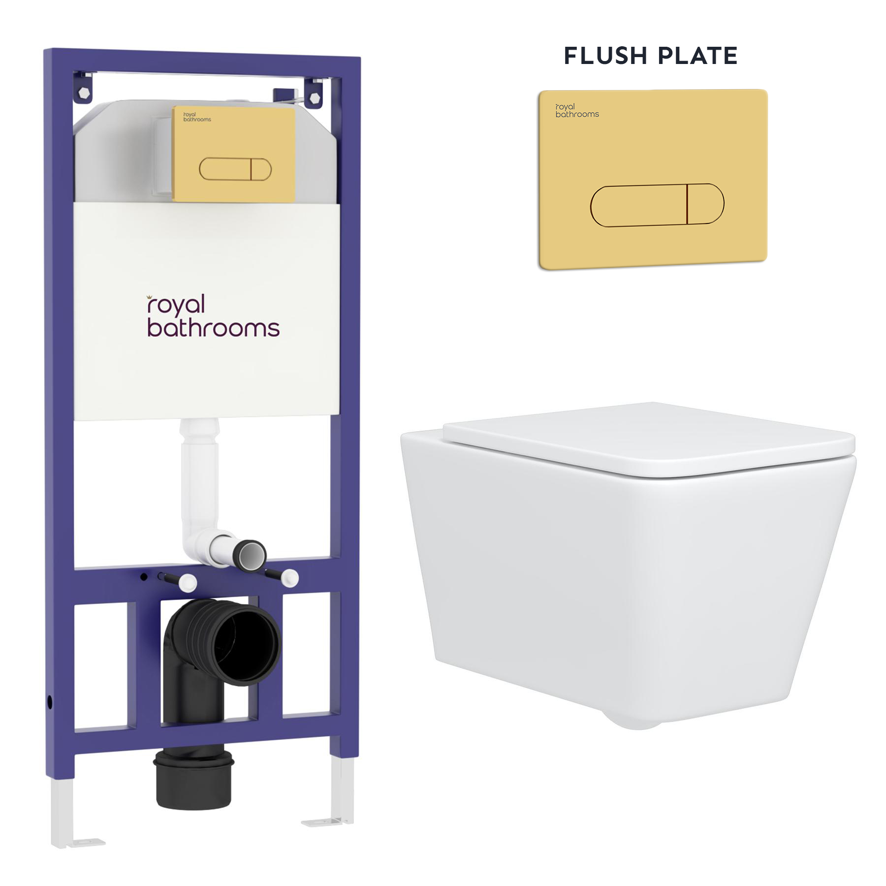 Elena Wall Hung Rimless Toilet with Soft Close Seat & Brass Plate Aqua Wall Hung Frame