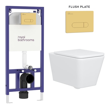 Elena Wall Hung Rimless Toilet with Soft Close Seat & Brass Plate Aqua Wall Hung Frame
