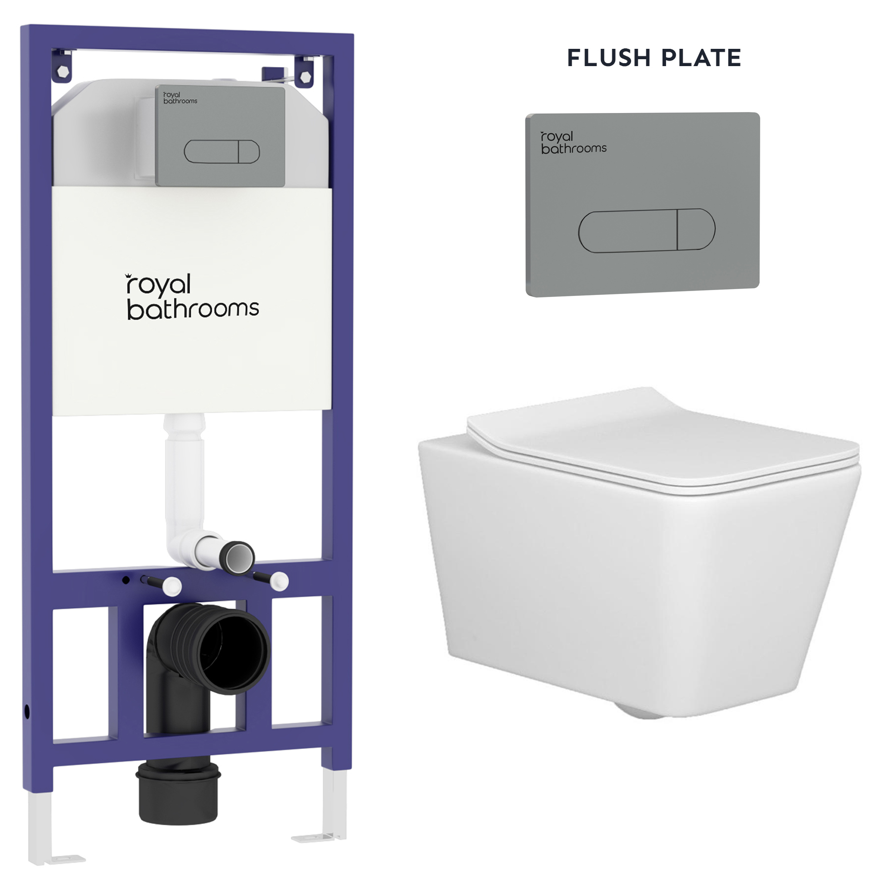 Elena Wall Hung Rimless Toilet with Slim Soft Close Seat & Gun Metal Plate Aqua Wall Hung Frame