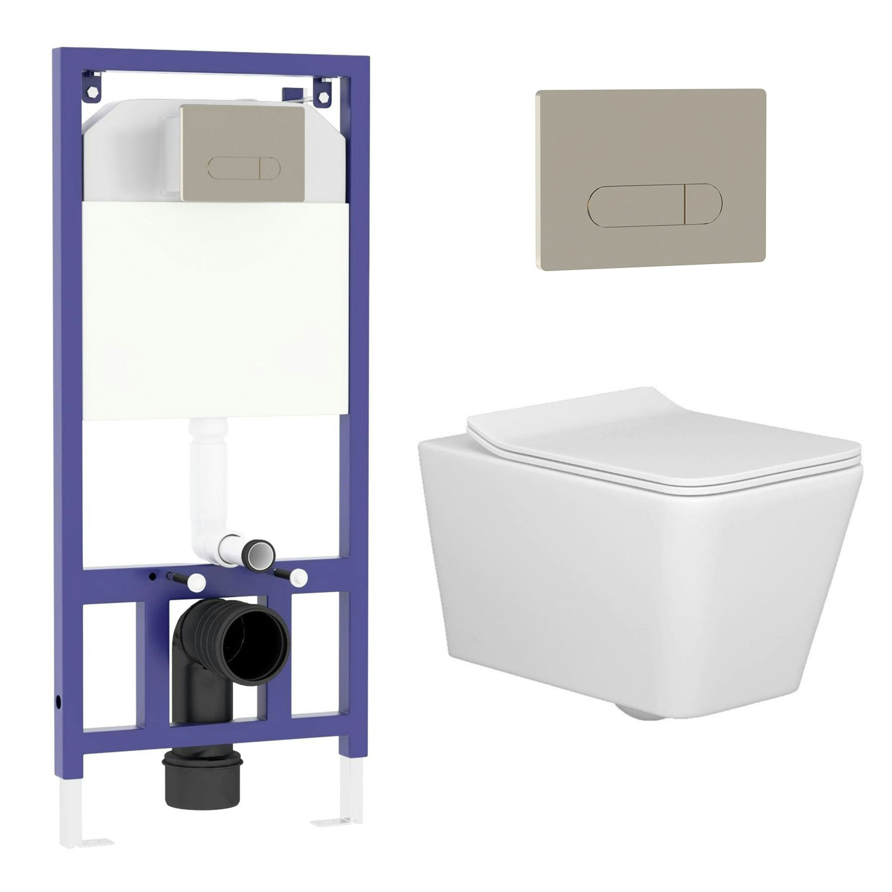 Elena Wall Hung Rimless Toilet with Slim Soft Close Seat & Brushed Nickel Plate Aqua Wall Hung Frame