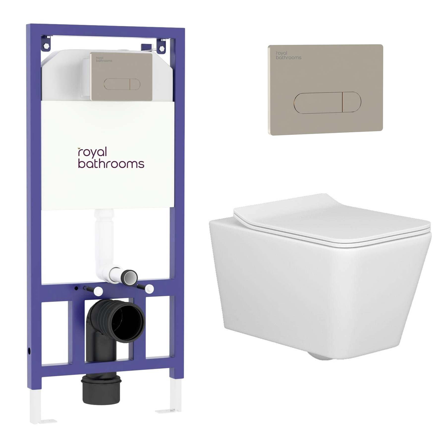 Elena Wall Hung Rimless Toilet with Slim Soft Close Seat & Brushed Nickel Plate Aqua Wall Hung Frame