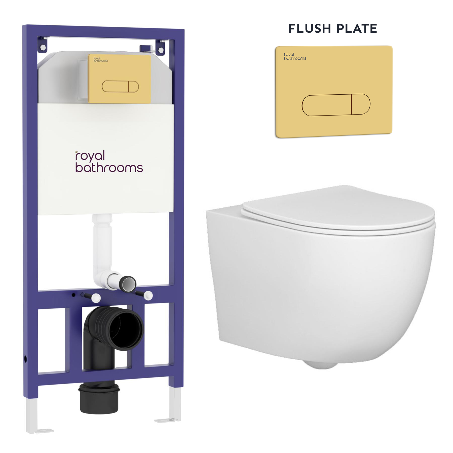 Abacus Wall Hung Rimless Toilet with Slim Soft Close Seat & Aqua Brass Plate Wall Hung Frame