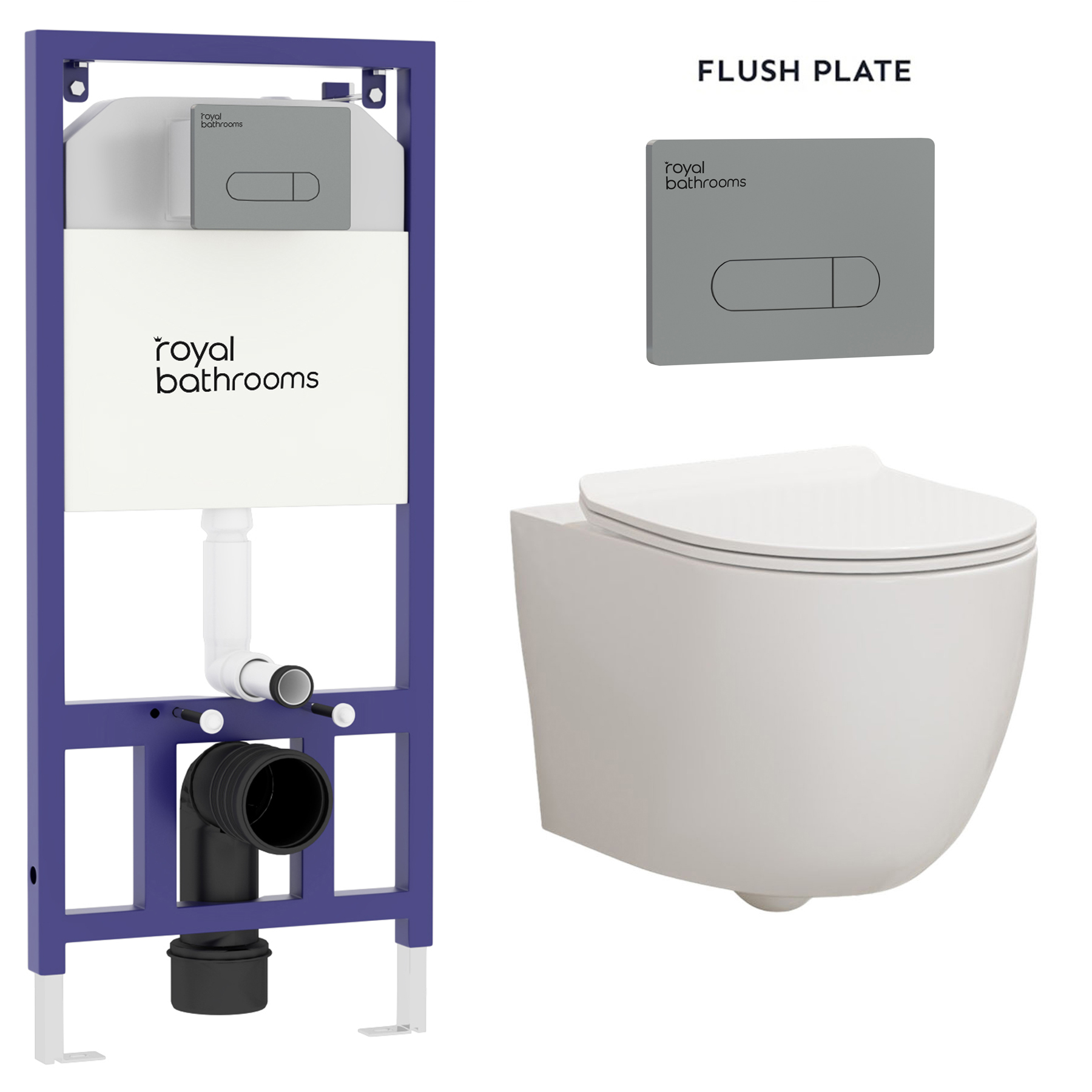 Abacus Wall Hung Rimless Toilet with Slim Soft Close Seat & Aqua Gun Metal Plate Wall Hung Frame