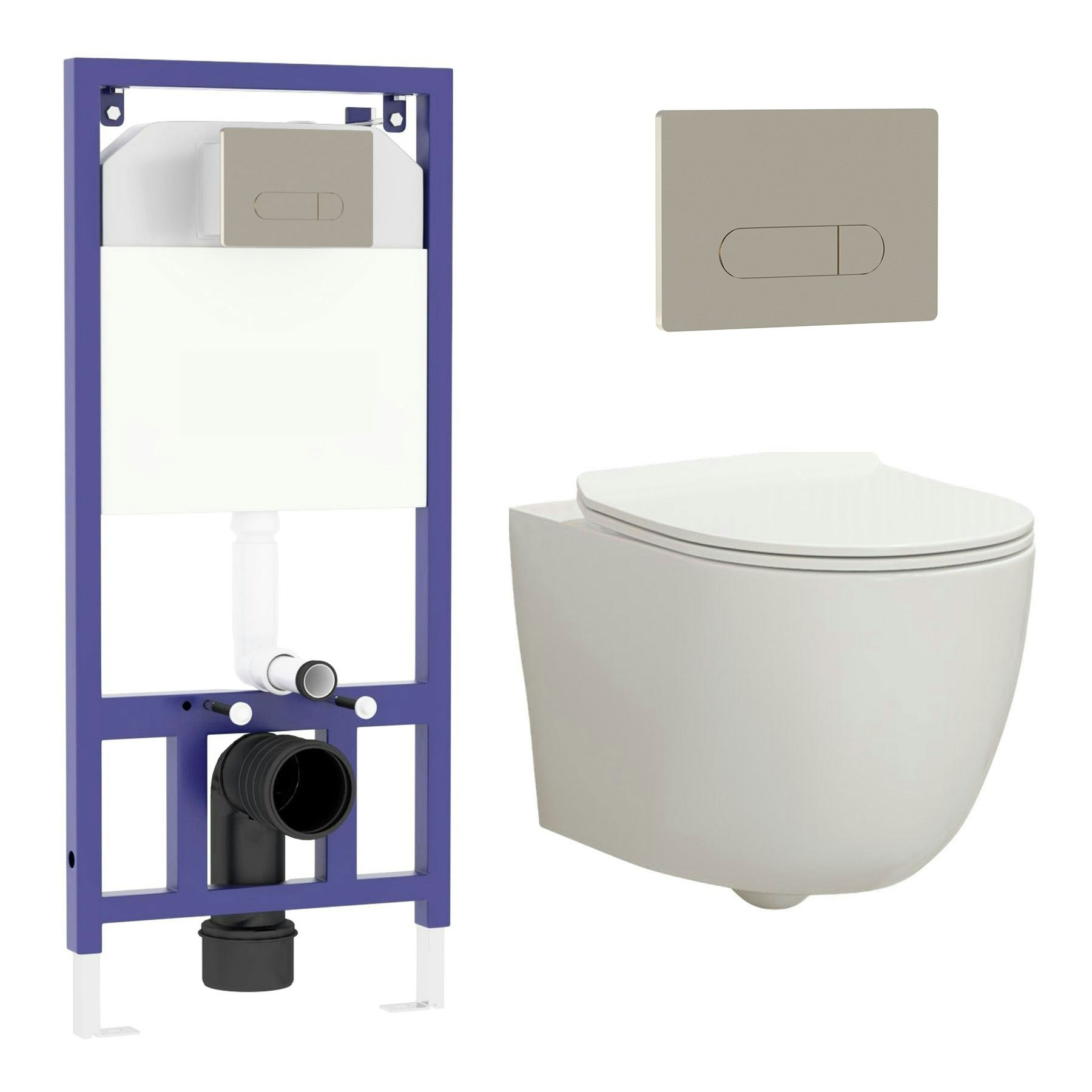 Elva Wall Hung Rimless Toilet with Slim Soft Close Seat & Aqua Brushed Nickel Plate Wall Hung Frame