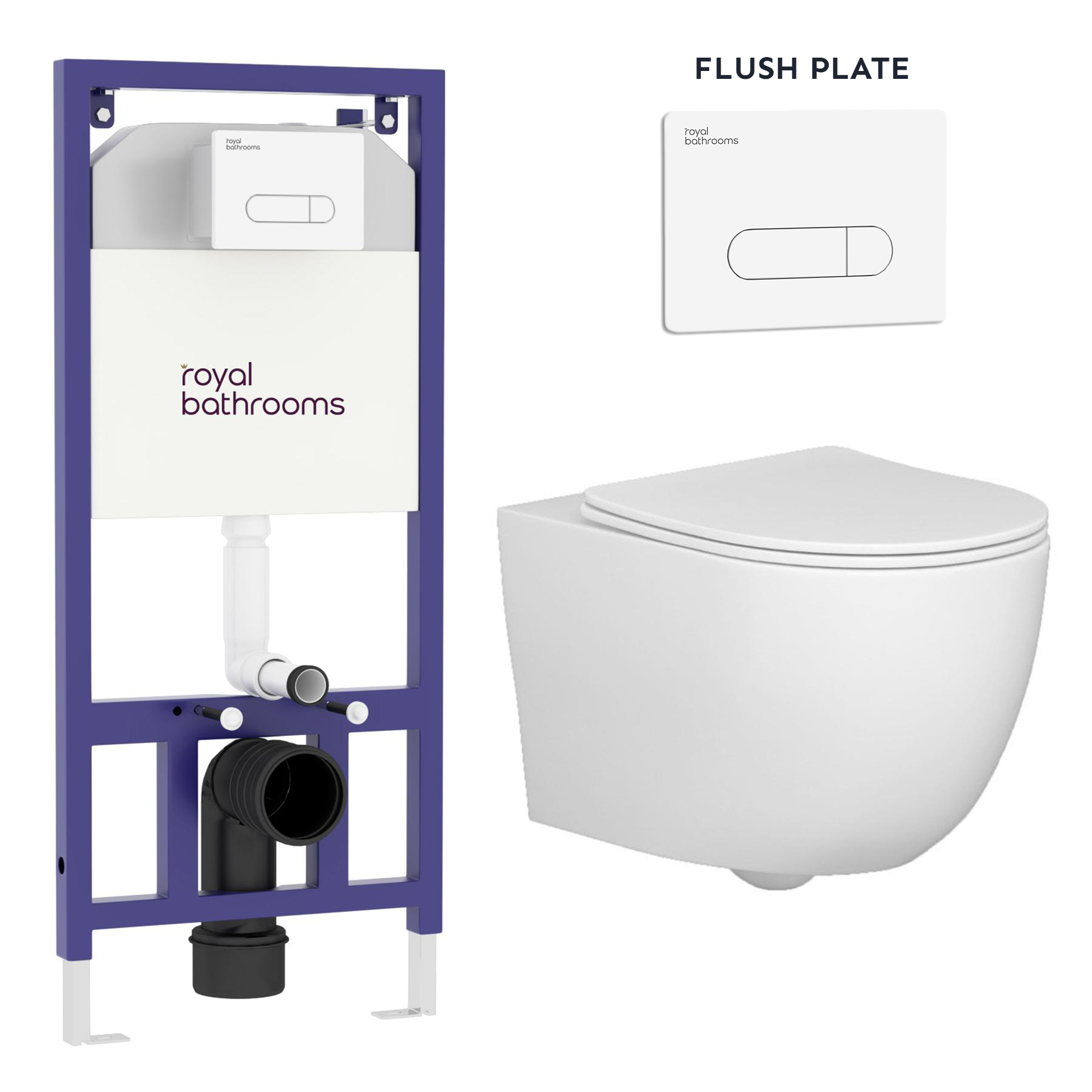 Abacus Wall Hung Rimless Toilet with Slim Soft Close Seat & Aqua White Plate Wall Hung Frame